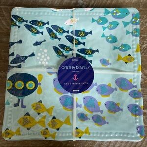 Cynthia Rowley-Set 4 Square Melamine Dinner
Plates Aqua Blue Fish Submarines